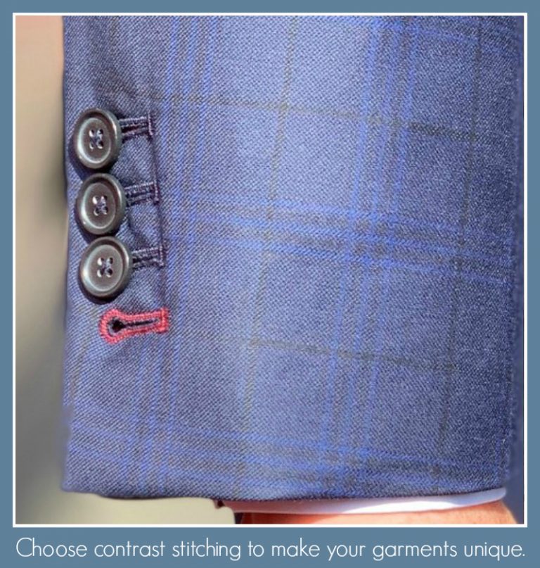 Contrast stitching on Saint Crispin bespoke suit